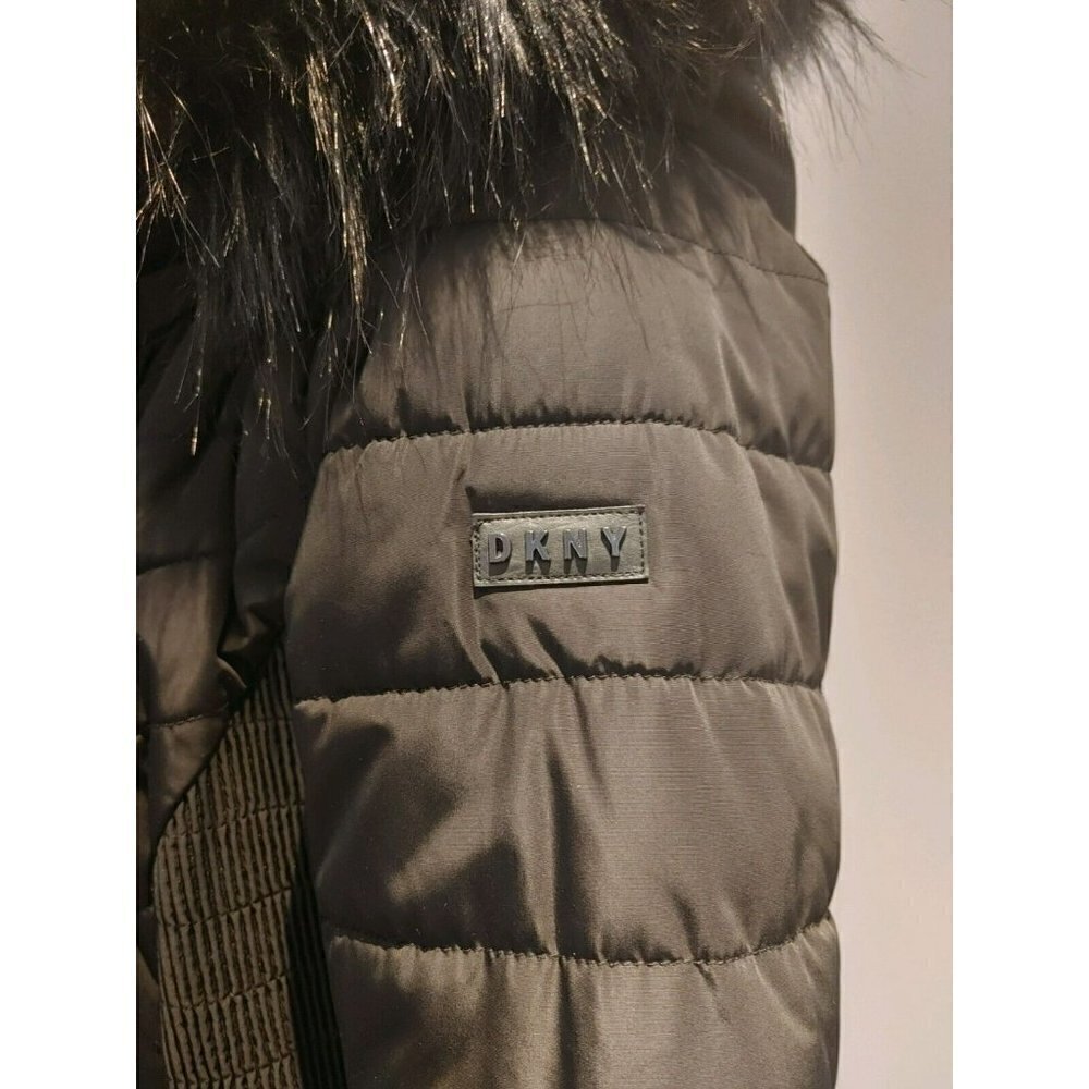 DKNY Black Quilted Puffer Coat Removable Faux Fur Hood Size Small - Picture 5 of 8